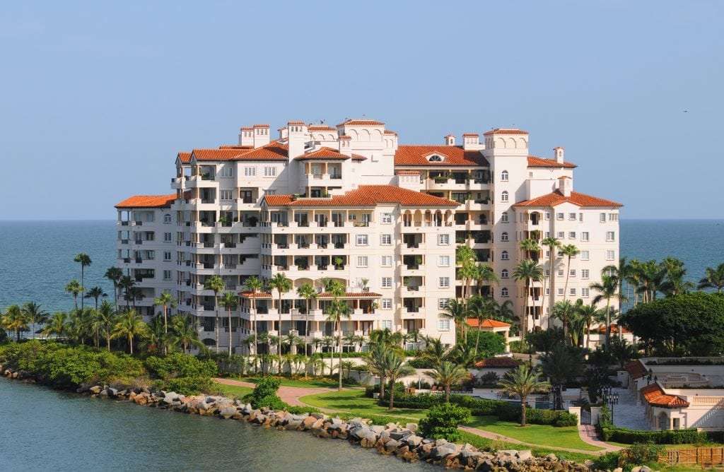 Modern waterfront building with timeshare apartment units