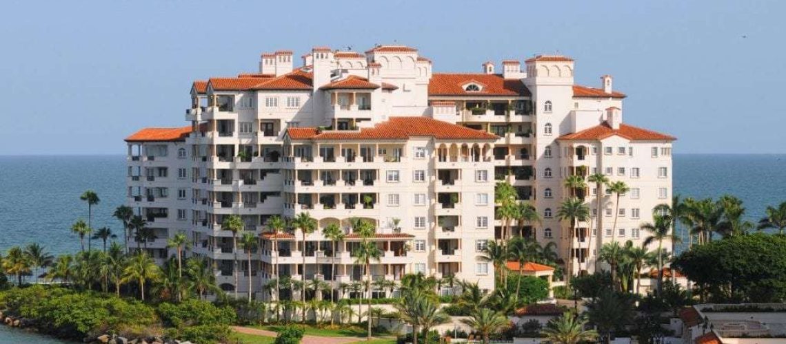 Modern waterfront building with timeshare apartment units